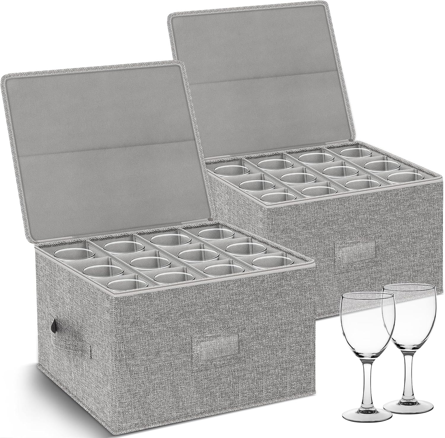Wine Glass Storage Box for 24 Glasses | 9.2" Tall Protective Organizer Case with Dividers for Safe Kitchen & Cabinet Storage