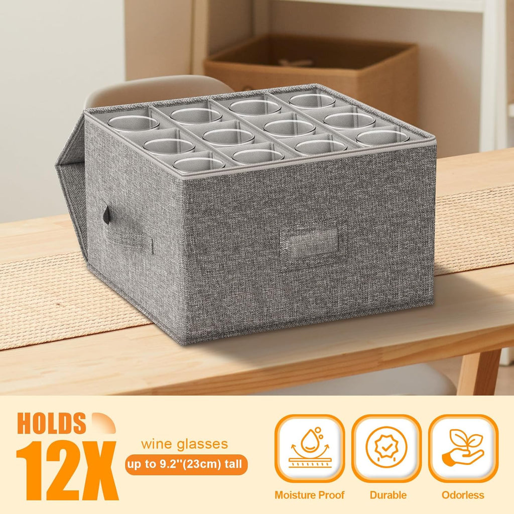 Wine Glass Storage Box for 24 Glasses | 9.2" Tall Protective Organizer Case with Dividers for Safe Kitchen & Cabinet Storage