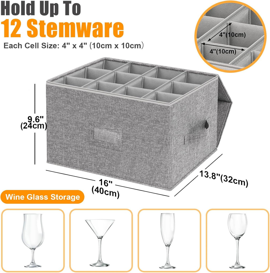 Wine Glass Storage Box for 24 Glasses | 9.2" Tall Protective Organizer Case with Dividers for Safe Kitchen & Cabinet Storage